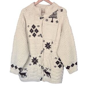 Vintage Chunky Cable Knit Wool Stretchy Cardigan Sweater Moose Elk Tree Collar